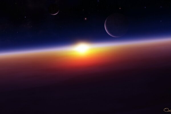 Lueur solaire dans l espace avec des planètes