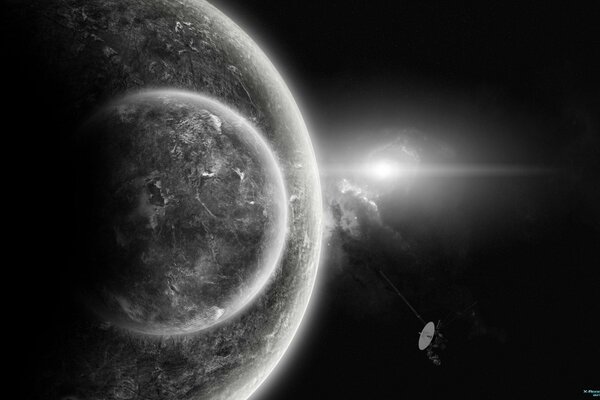 Planète grise avec satellite sur fond de ciel noir et étoile rougeoyante