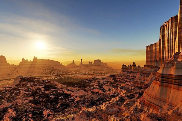 Sunset on the background of rocks