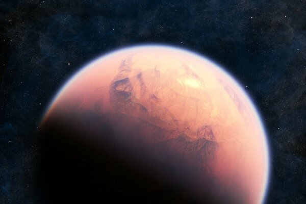 Der beleuchtete Teil des roten Planeten vor dem Hintergrund des dunklen Kosmos