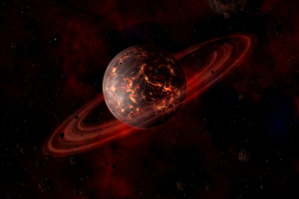 Un pianeta che collassa in una fascia di asteroidi con crepe piene di lava rossa