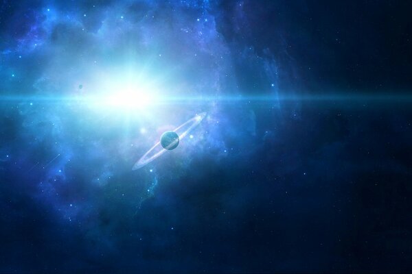 Pianeta nello spazio sullo sfondo di una stella luminosa