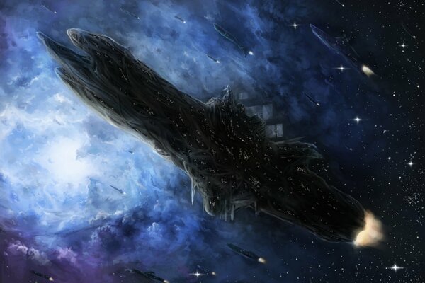 Drawing. The spaceship is flying through the nebula to the clear starry sky