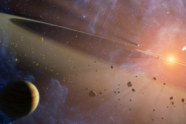 Asteroides volando más allá de los planetas en el espacio