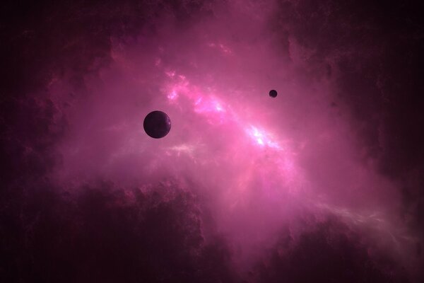 Lila Licht und ein Planet im Flug