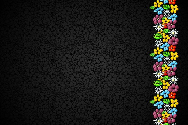 Texture noire avec des fleurs, bande de fleurs multicolores