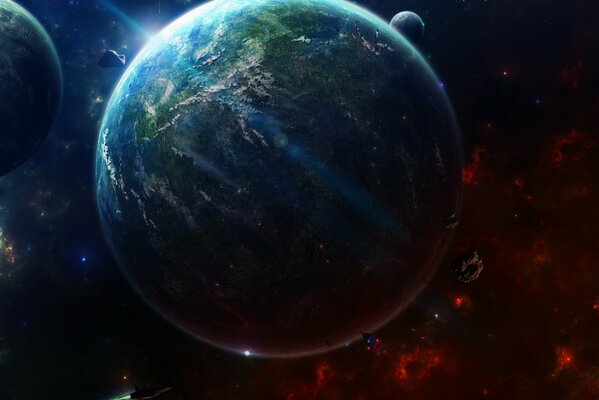 Image des exoplanètes volant à proximité des astéroïdes et du vaisseau spatial