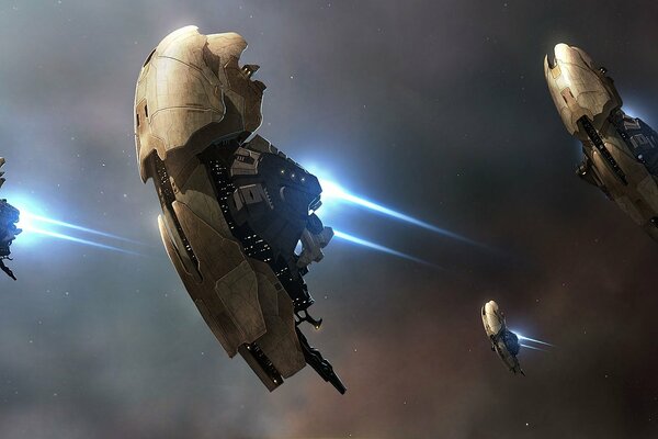 There are four spaceships flying in space