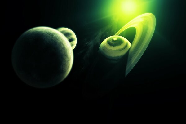 Plusieurs planètes dans l espace en vert