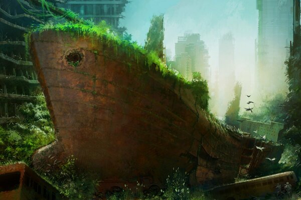 Barco abandonado en el verde