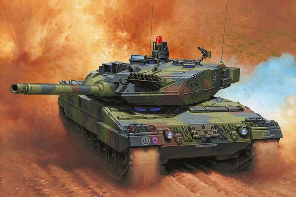 A military tank rides through a sandstorm
