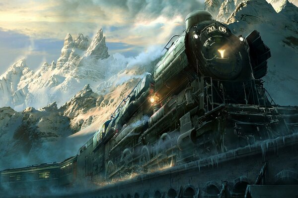 Tren en las montañas paisaje de invierno