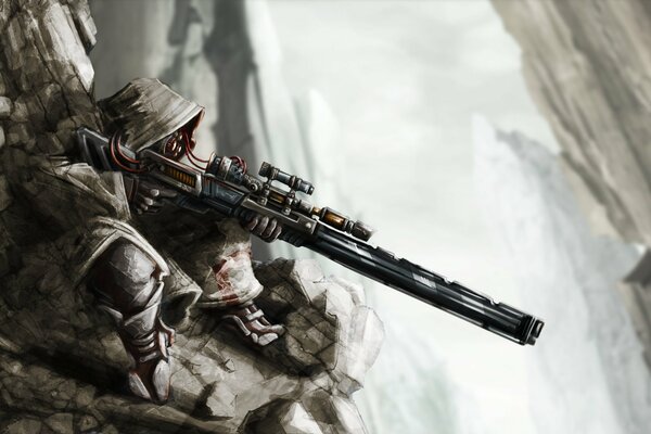 A hooded sniper on the rocks with a rifle