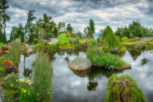The road by the pond in the park