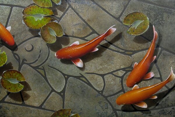 Peces en el fondo del patrón en el asfalto