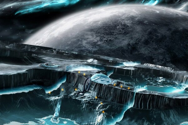 Vaisseau spatial et la lune en arrière-plan