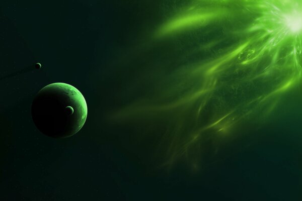 Grüne Strahlung auf den Planeten. Heller grüner Stern