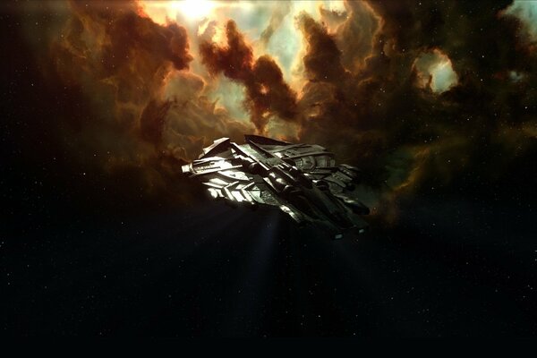 A spaceship on the background of a nebula