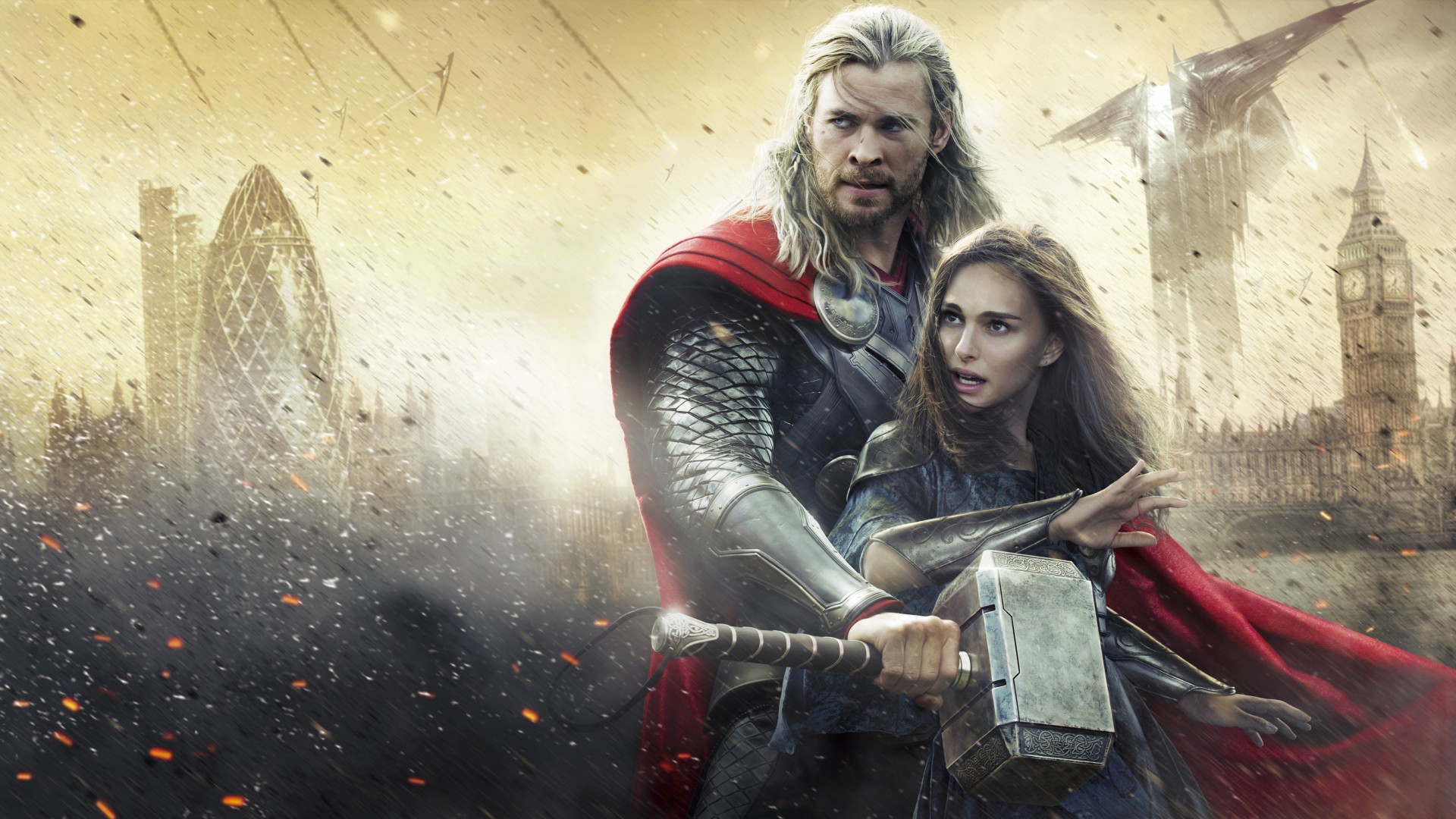 thor kobieta thor 2 rozrywka walt disney pictures przygoda płaszcz latać niebo młot akcja ten broń bóg zbroja chris hemsworth zdjęcia czerwony chmura disney czerwony płaszcz natalie portman piękny wojownik budynek marvel ludzie fantazja dziewczyna człowiek