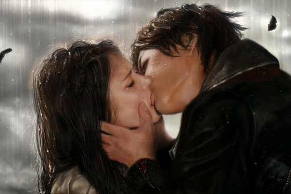 Le baiser de Damon et Elena dans vampire Diaries.