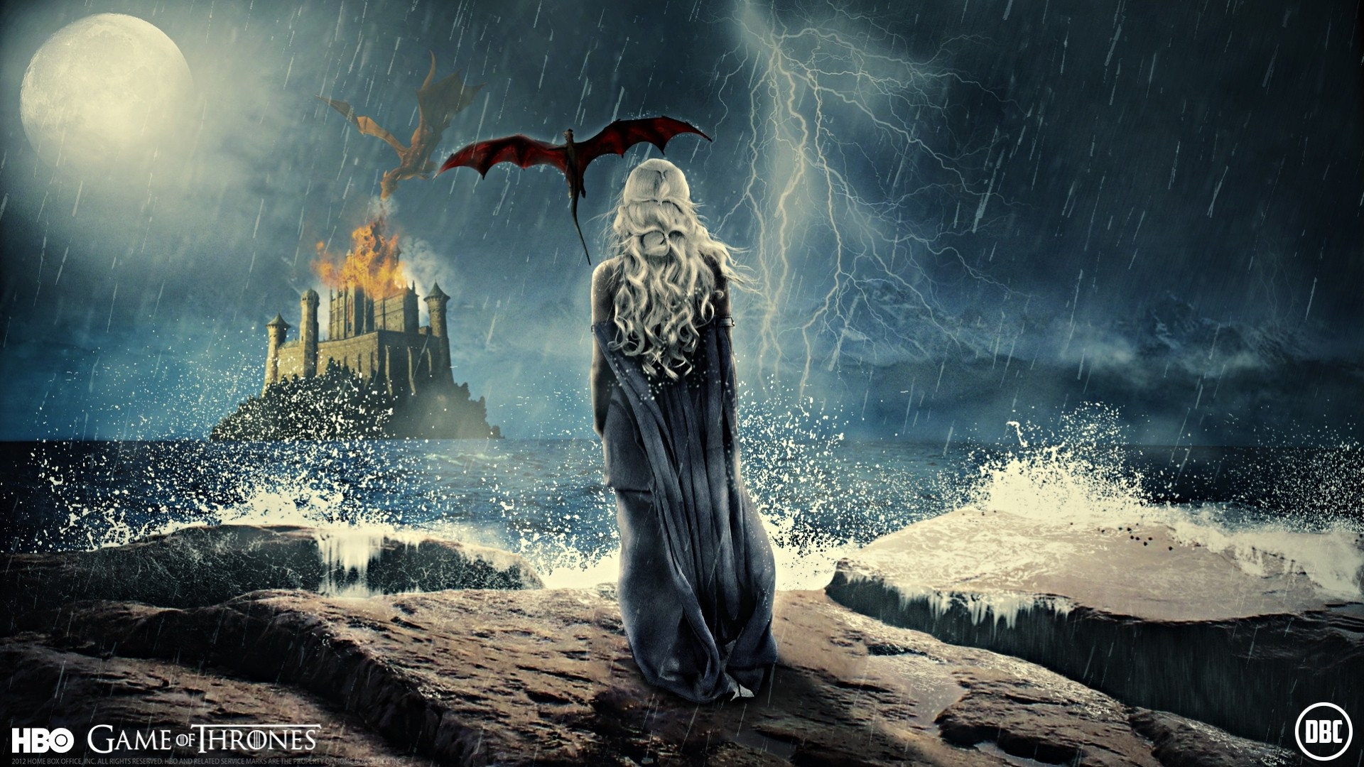 serie fuego fortaleza chica bloqueo tormenta daenerys targaryen dragón juego de tronos espalda lluvia noche alas luna