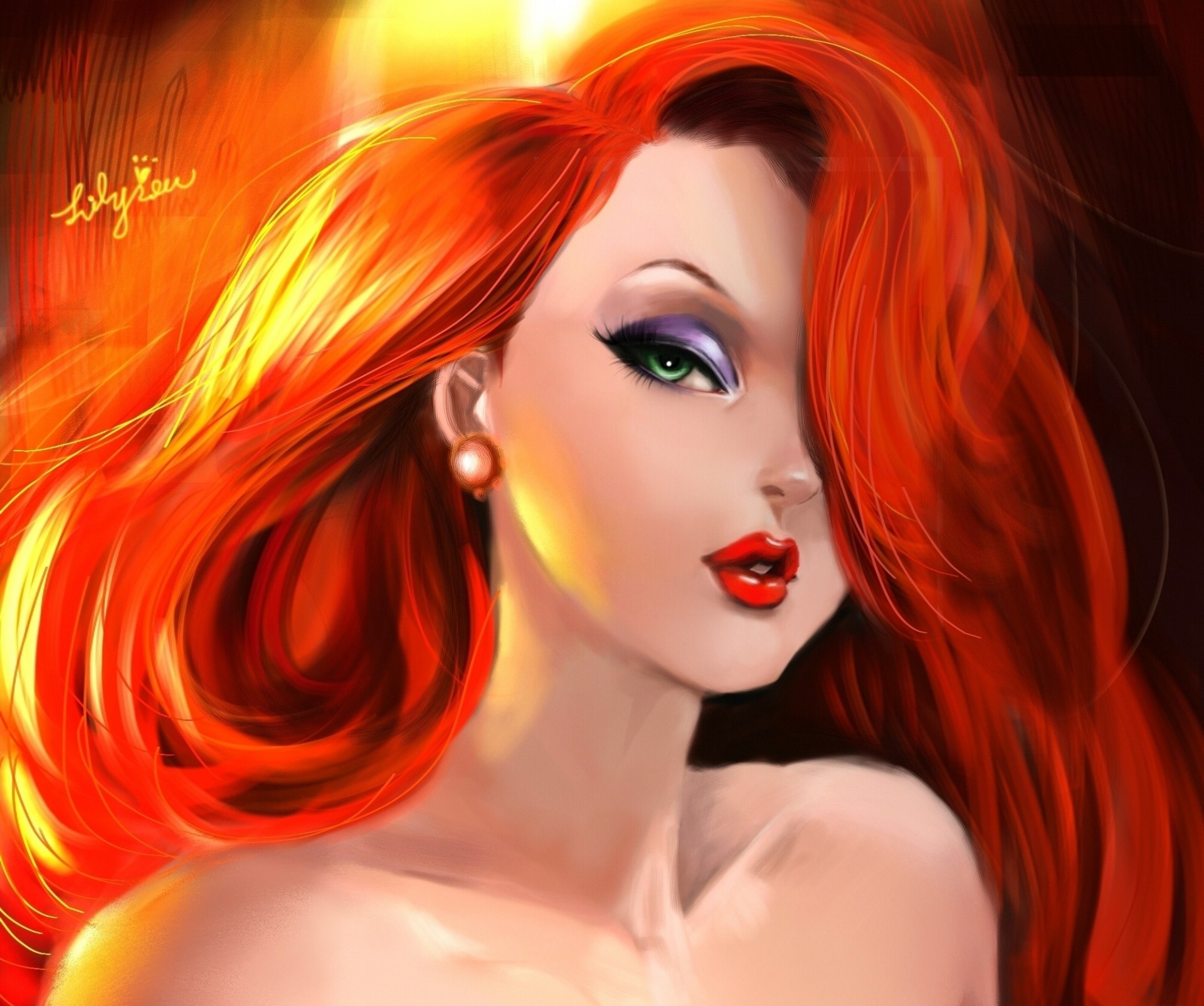 trucco ragazza jessica rabbit arte vista occhi verdi capelli rossi