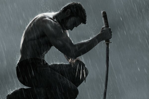 Wolverine in the rain with a sword