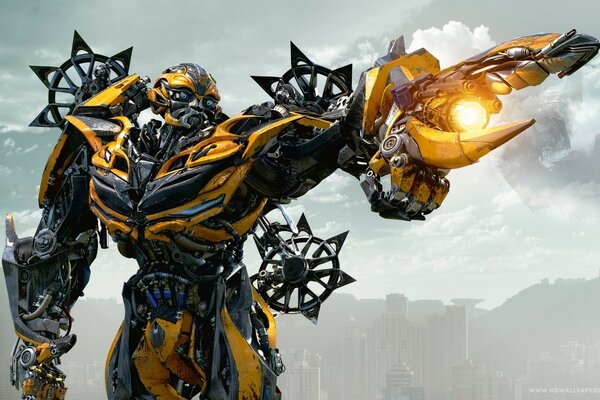 Transformer Bumblebee on a light sky background