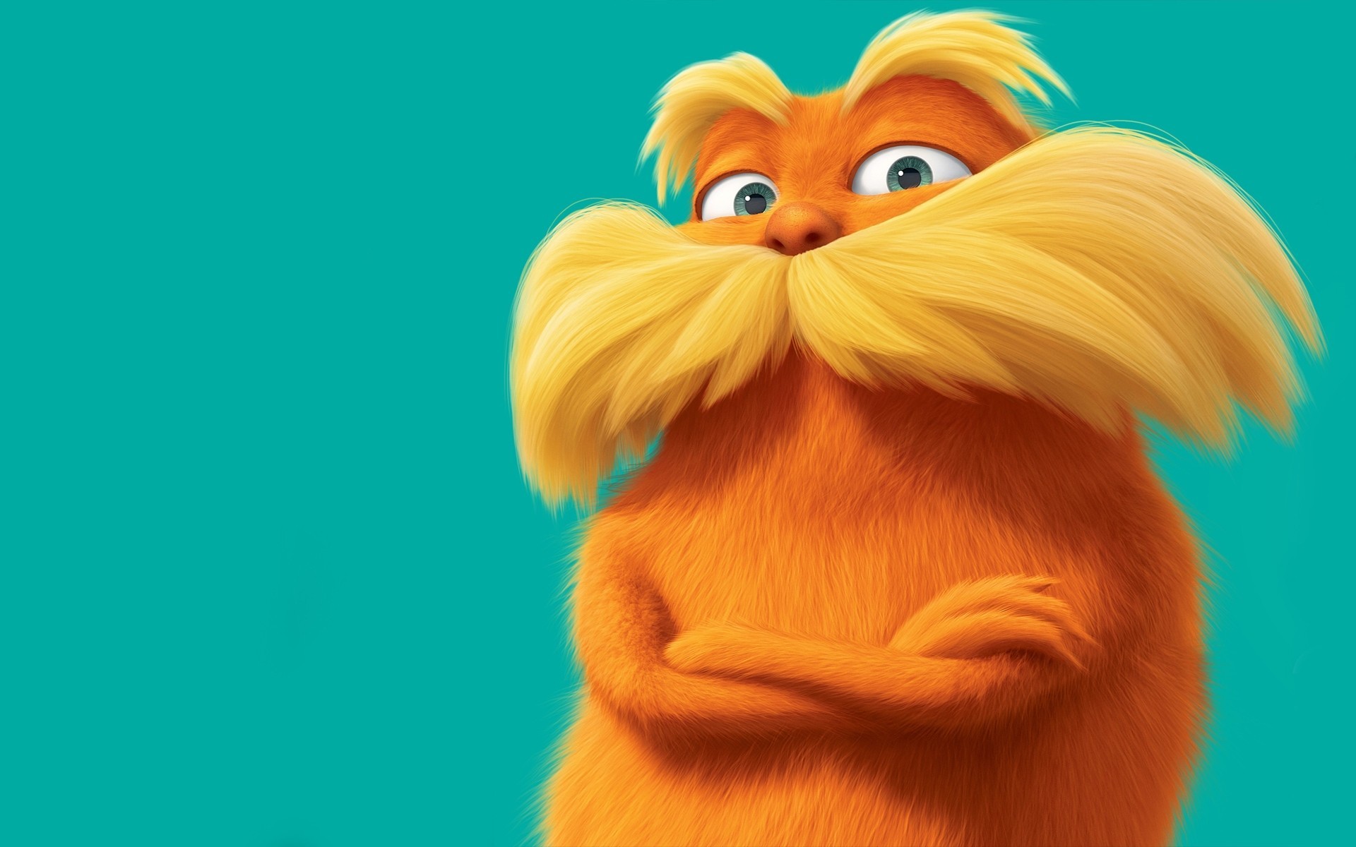 lorax arancione sfondo blu baffuto