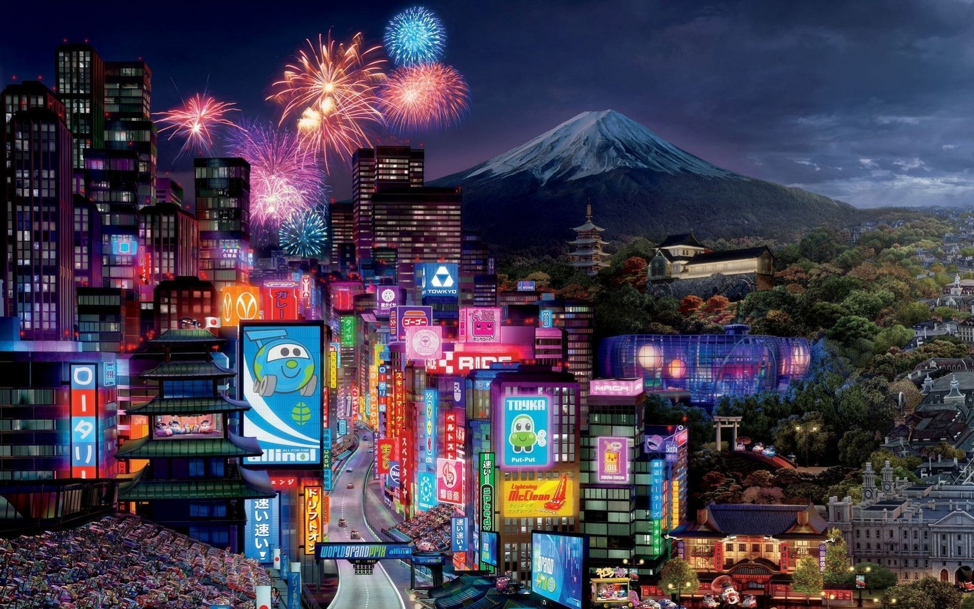 pixar mcqueen cars 2 tokyo drift walt disney world grand prix vulcano fuji sport città edificio montagna auto fulmini luci campione cartone animato fuochi d artificio giappone sport pista corse