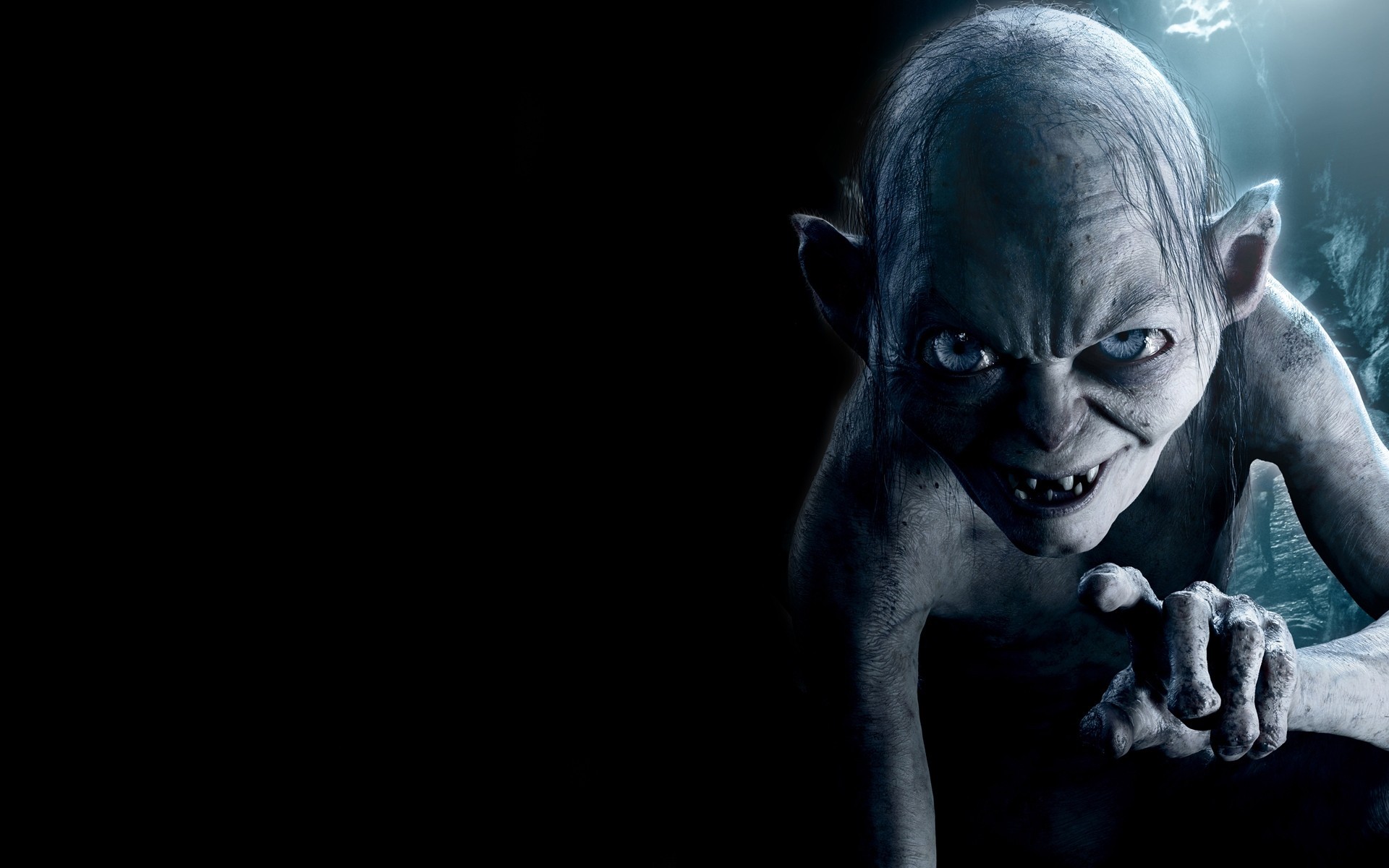 fondo negro gollum vista el hobbit un viaje inesperado ojos azules fantasías monstruos