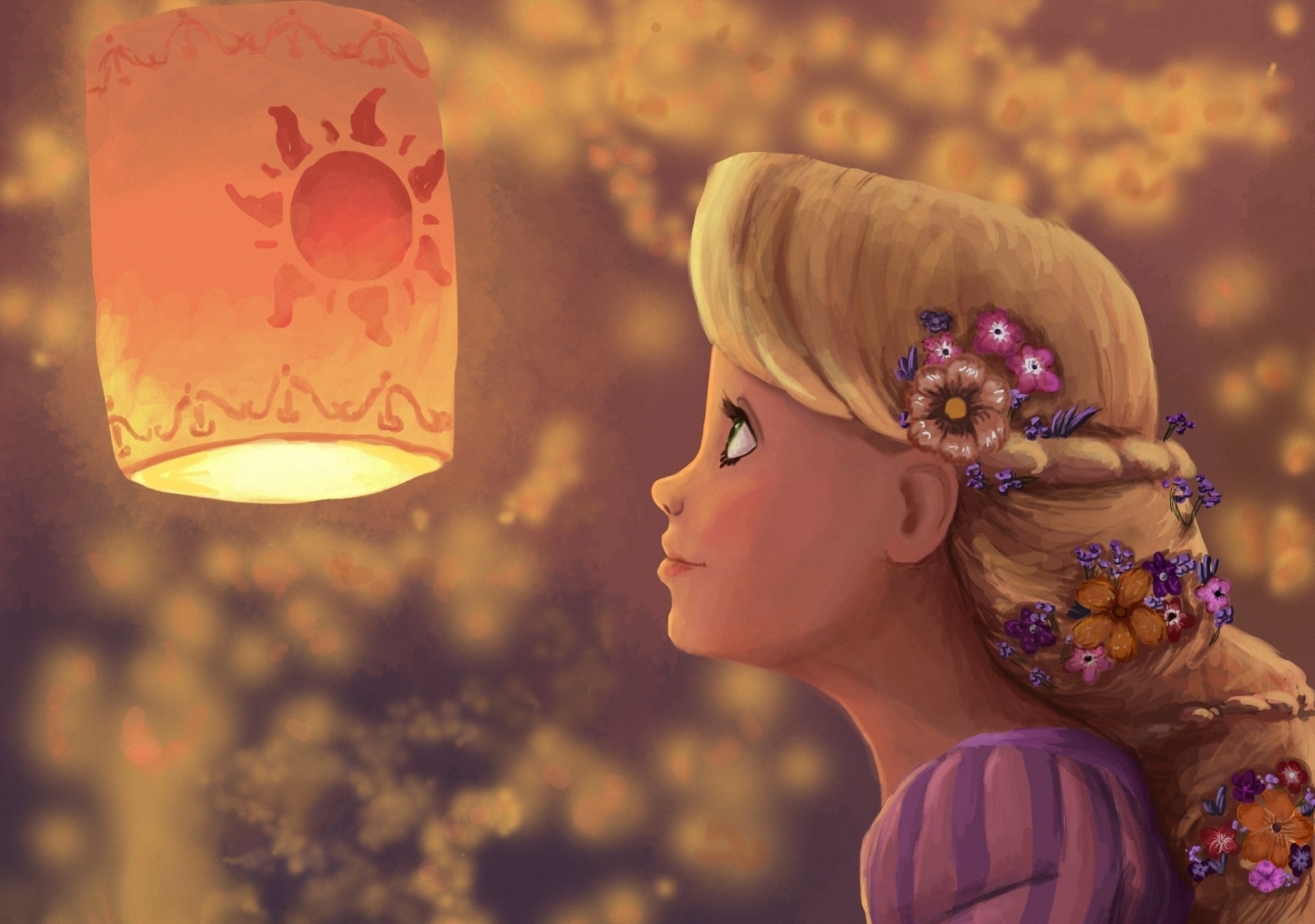 art fille fleurs profil lampe de poche rapunzel