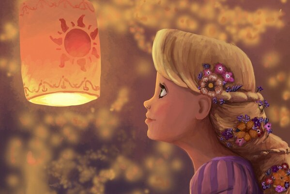 Image of Rapunzel with flowers in her hair and a shining flashlight