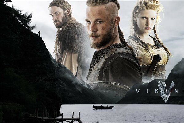 Trois Vikings de la série sur fond de ciel