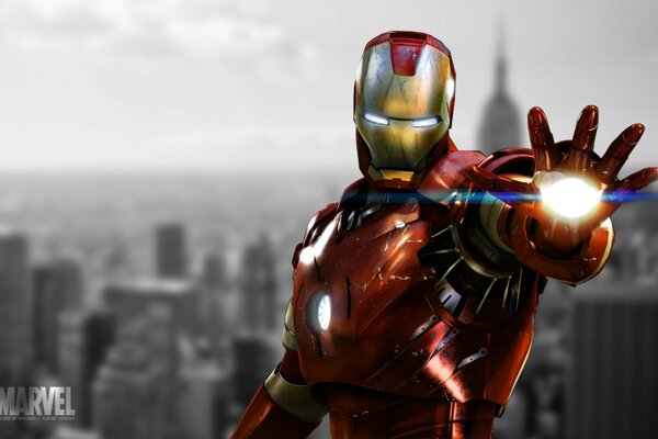 Iron Man from the Marvel movie with a fireball in his hand