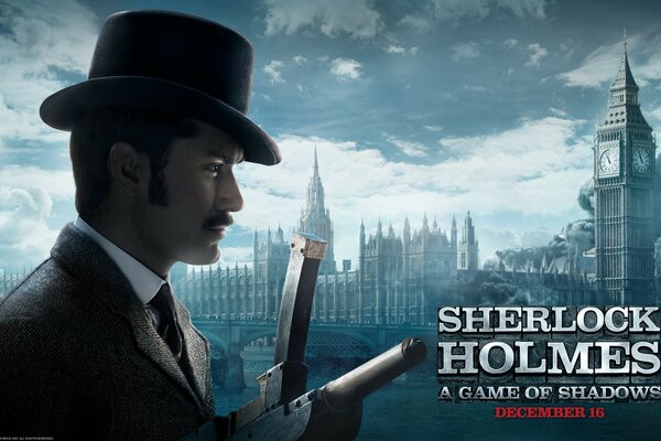 Sherlock Holmes on the background of the city and clouds