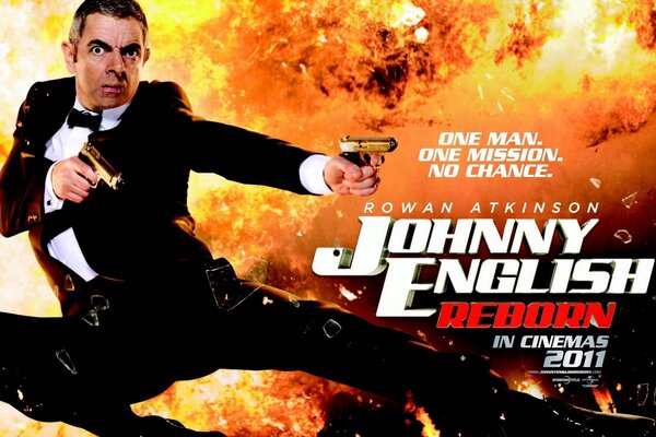 Affiche de Rowan Atkinson avec explosion en arrière-plan