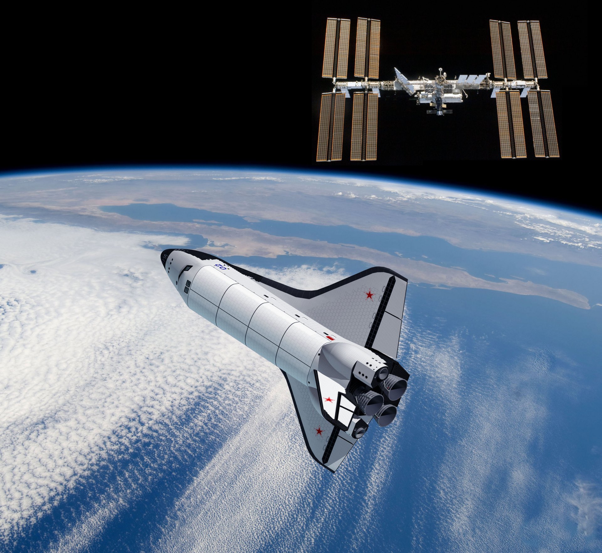 sowjetische kopie des shuttles-os-120 iss weltraum 3d-grafik umlaufbahn erde sturm