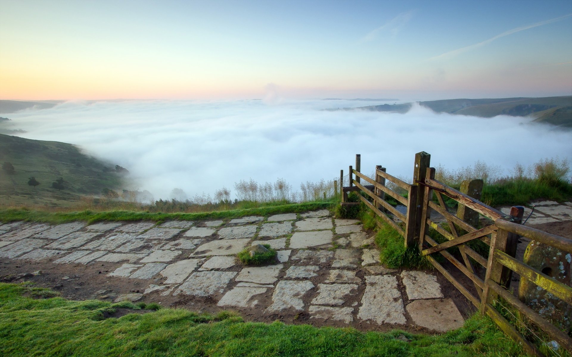 beautiful fog mountains trail in the cloud