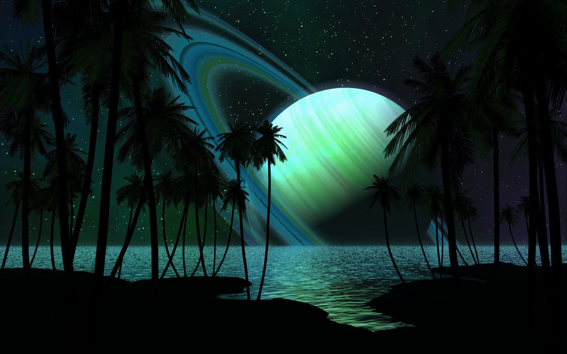 beach sea tree planet rings star