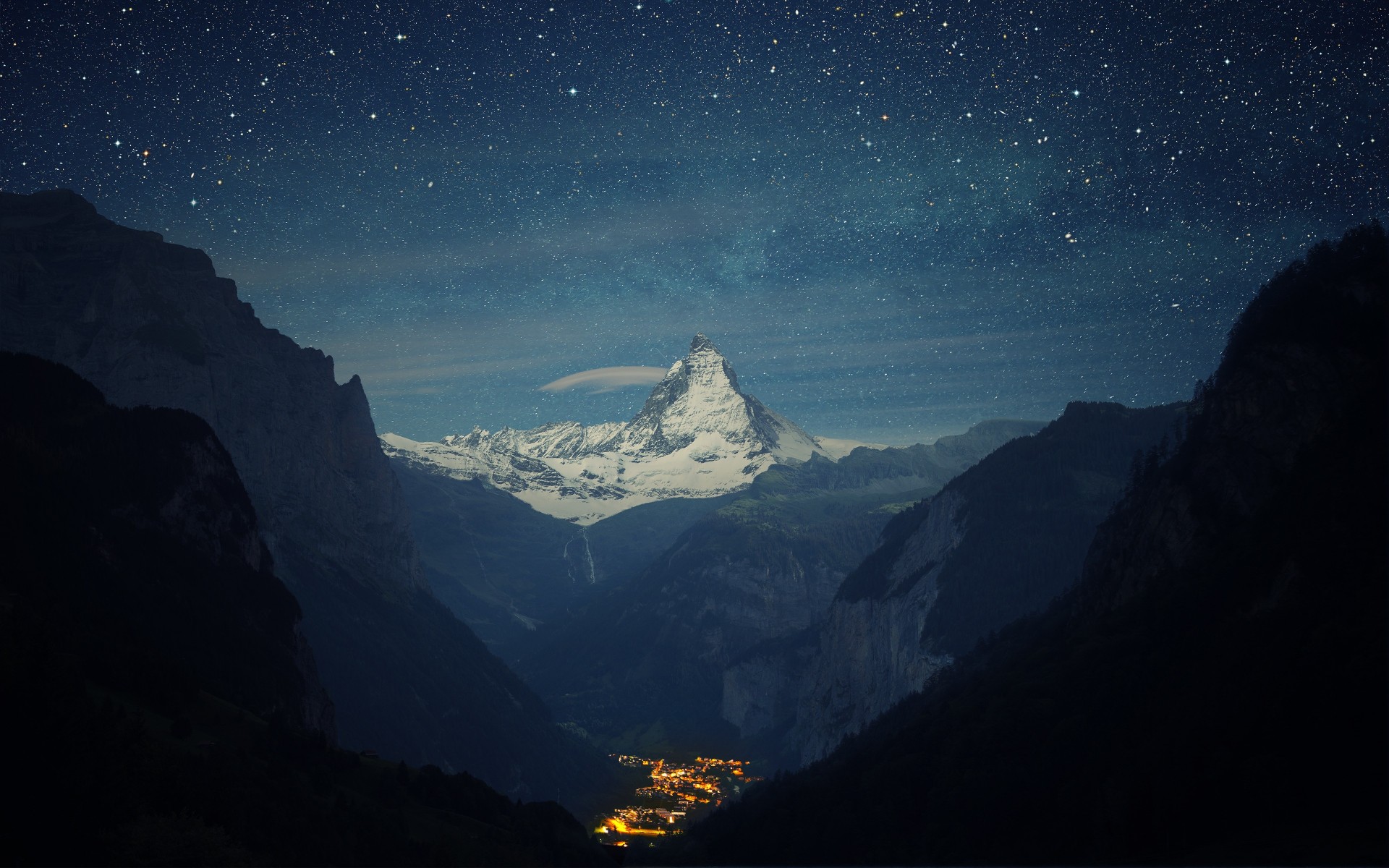 ciudad noche valle alpes matterhorn montañas