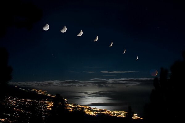 Moon in the sky over the city cyclical eclipse