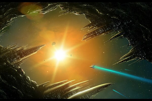 A spaceship flies into the sun next to asteroids