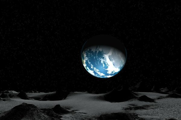 Image of a planet on the moon with stars