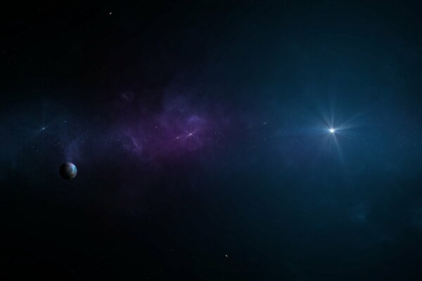 A bright star on the background of a purple nebula