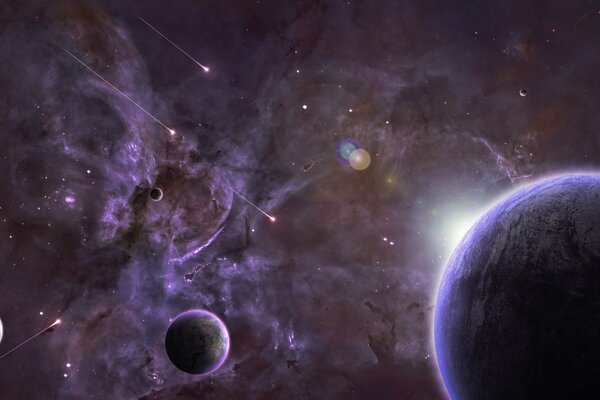 Nebuloso espacio exterior con planetas