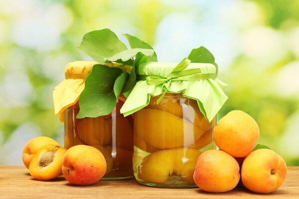 Compote and fruit. Leaves. Apricots