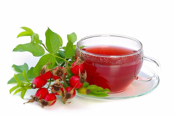 Tazza di tè di vetro con rosa canina