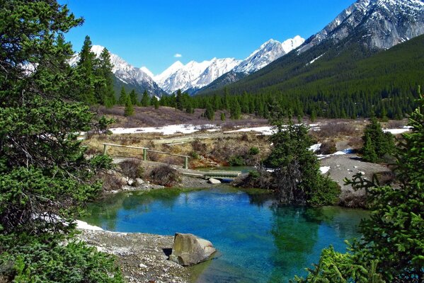 Spring landscape of lakes and mountains