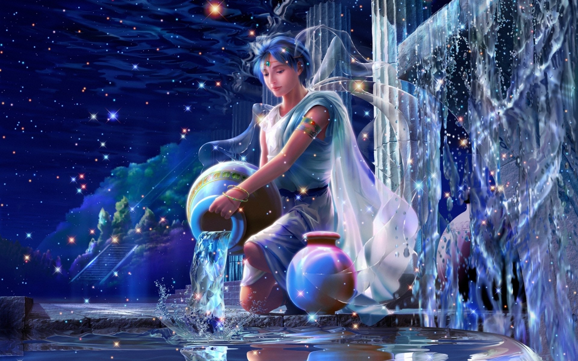 fantasy zodiac constellation yutaka kagayya sci-fi beautiful aquarius crystals youth crystal column amphora olympus palace ganymede cupbearer of zeus balloon water